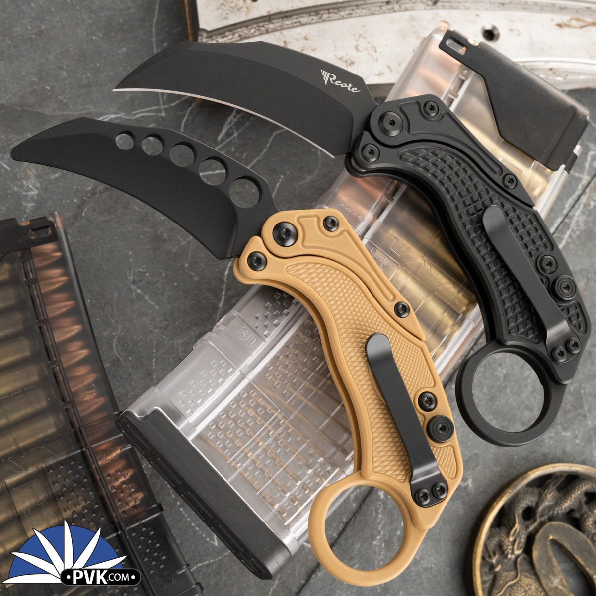 アート工房Kネガティブパイプカットローレット加工済みと加工なし+ NO3.5 Reate EXO-K Gravity Karambit, PVD N690, Black Oxide Aluminum, Tan