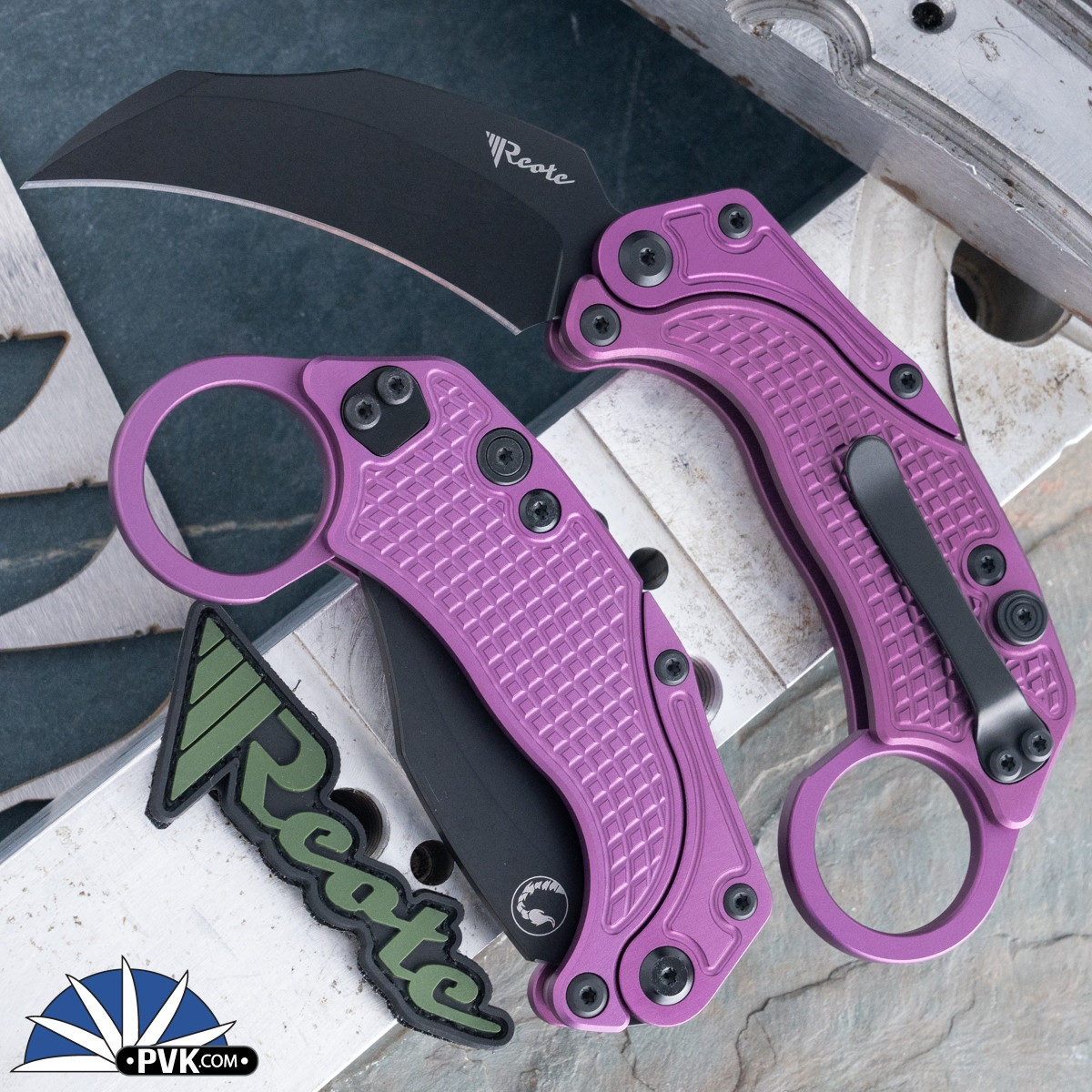 Reate EXO-K Gravity Karambit, PVD N690, Purple Oxide Aluminum, Tan