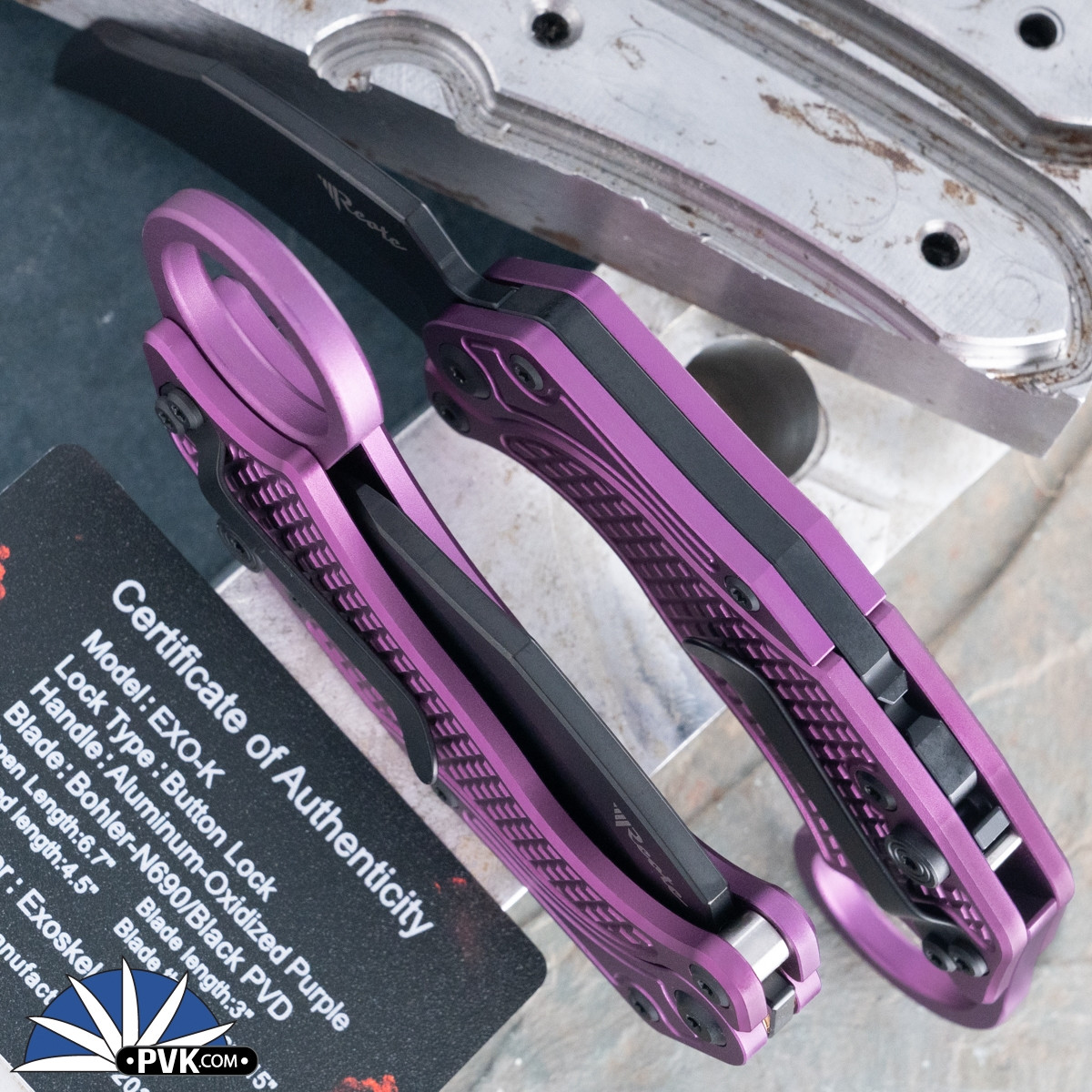 Reate EXO-K Gravity Karambit, PVD N690, Purple Oxide Aluminum, Tan