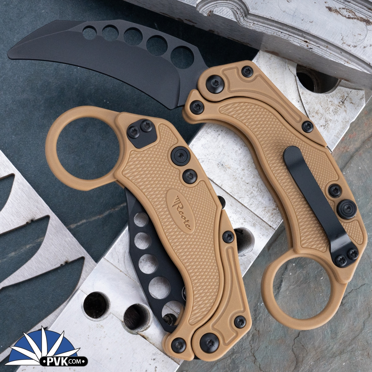 Reate EXO-K Gravity Karambit, PVD N690, Purple Oxide Aluminum, Tan