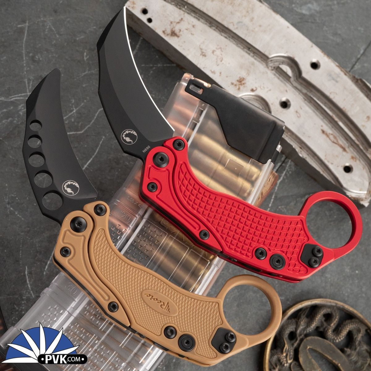Reate EXO-K Gravity Karambit, PVD N690, Red Oxide Aluminum, Tan