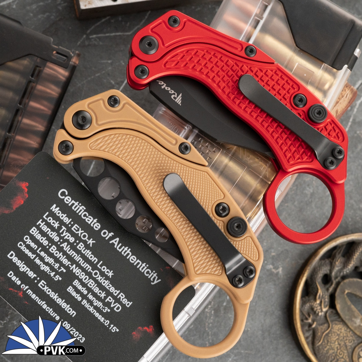 Reate EXO-K Gravity Karambit, PVD N690, Red Oxide Aluminum, Tan