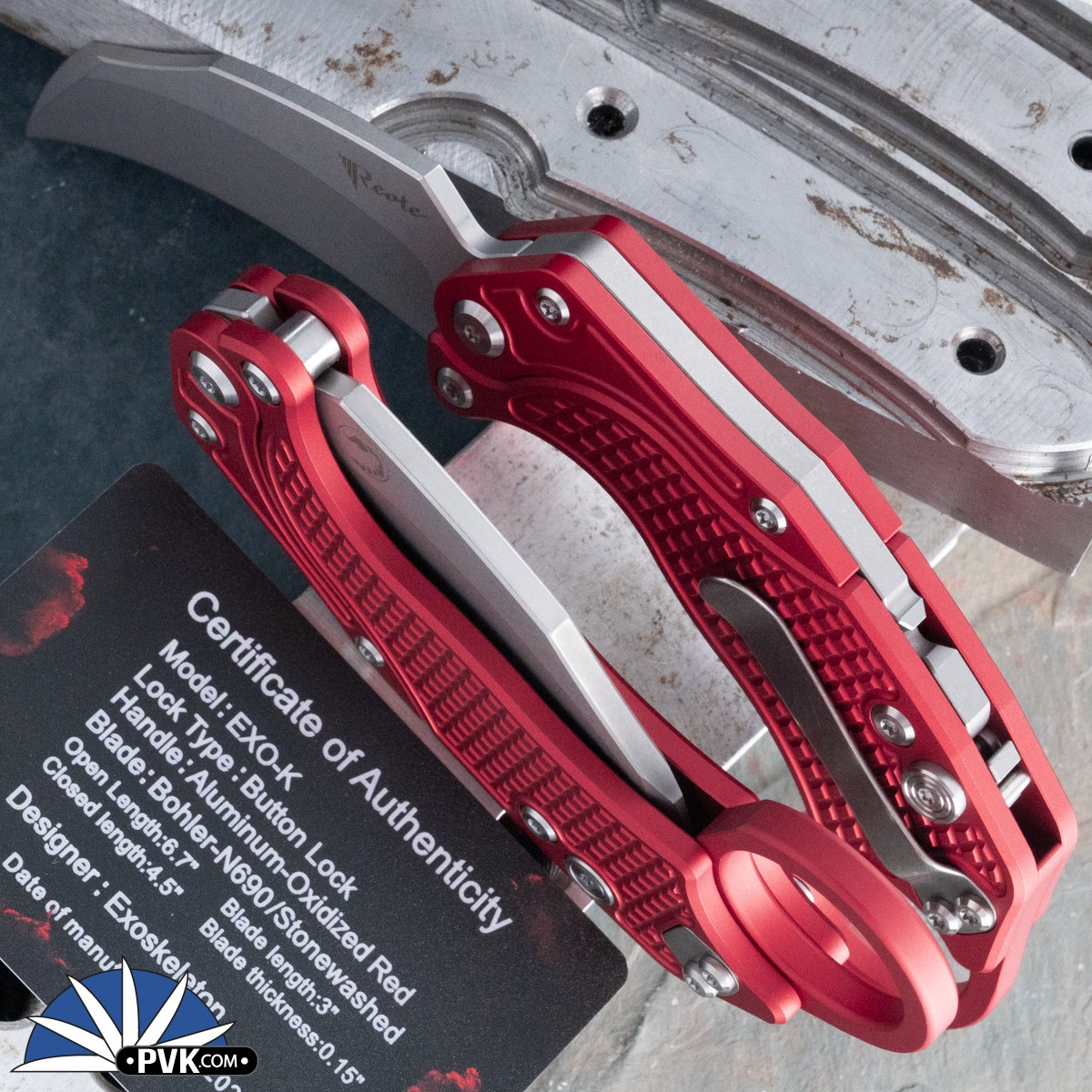 Reate EXO-K Gravity Karambit, Stonewashed N690, Red Oxide Aluminum