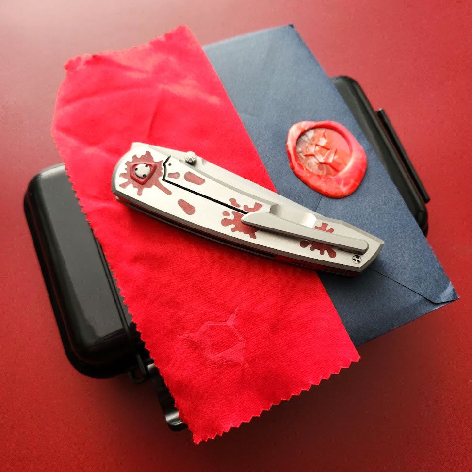 Sharknivco Waka, Zirblast RWL34, Satin Titanium Handles, Red