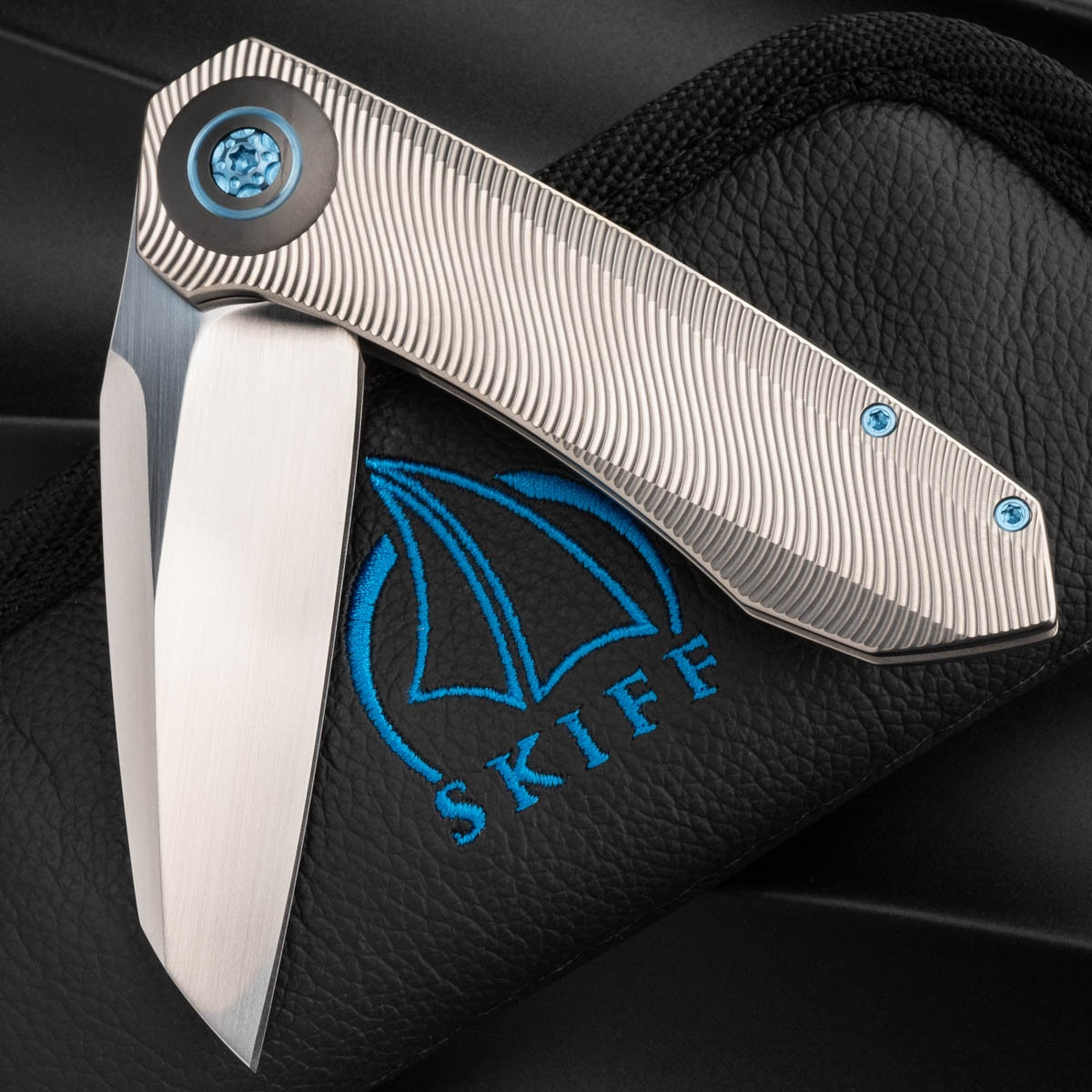 Skiff Made Blades Drifter, Satin, Milled Titanium, Ice Blue Ano