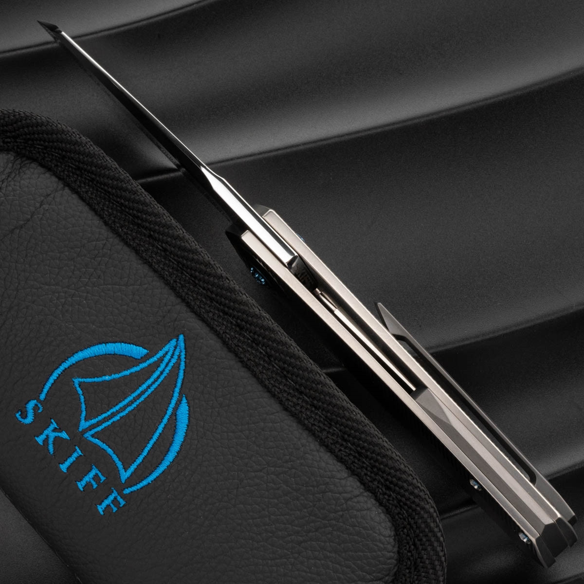 Skiff Made Blades Drifter, Satin, Milled Titanium, Ice Blue Ano