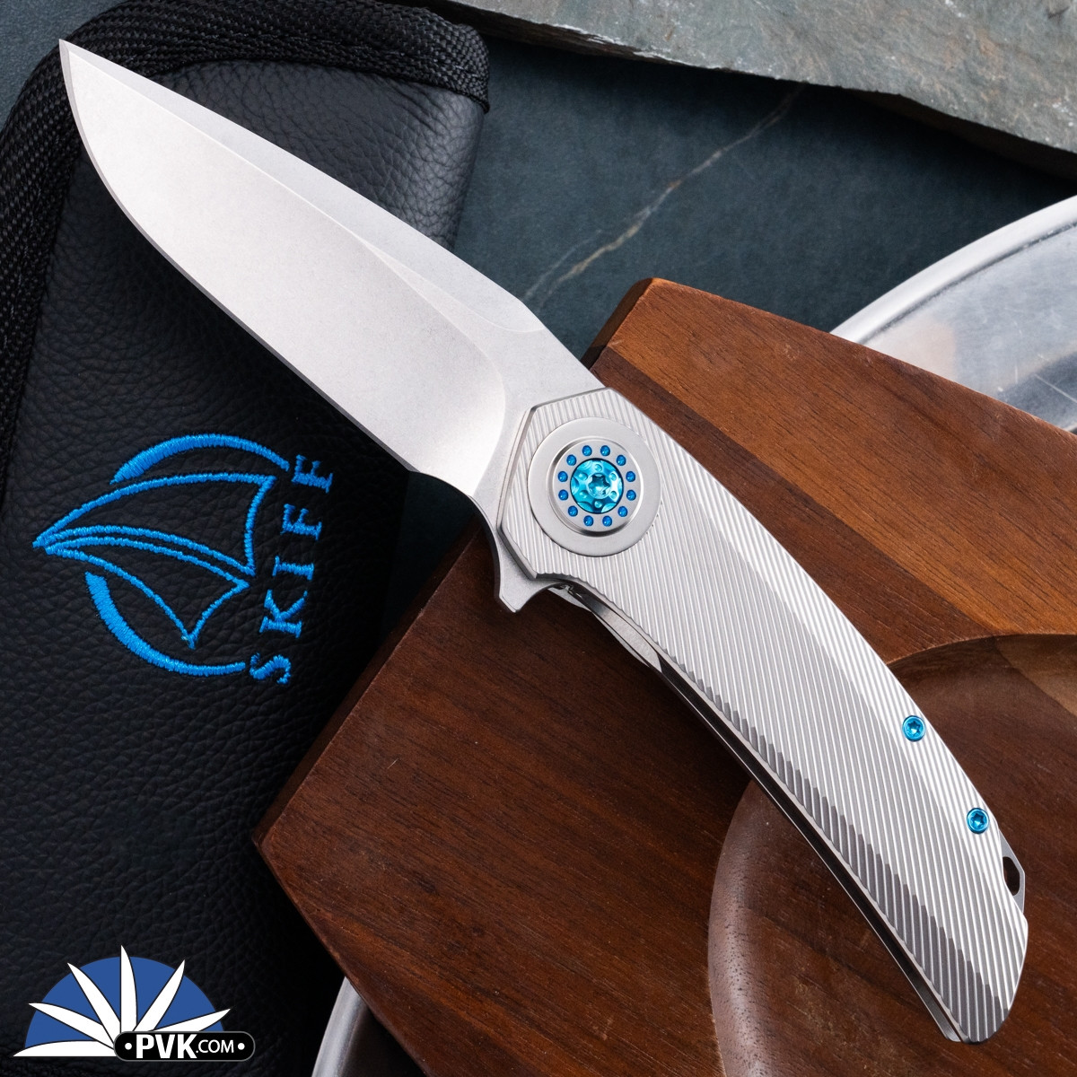 Skiff Made Blades Fugitive, Stonewash Elmax Blade, Milled Titanium