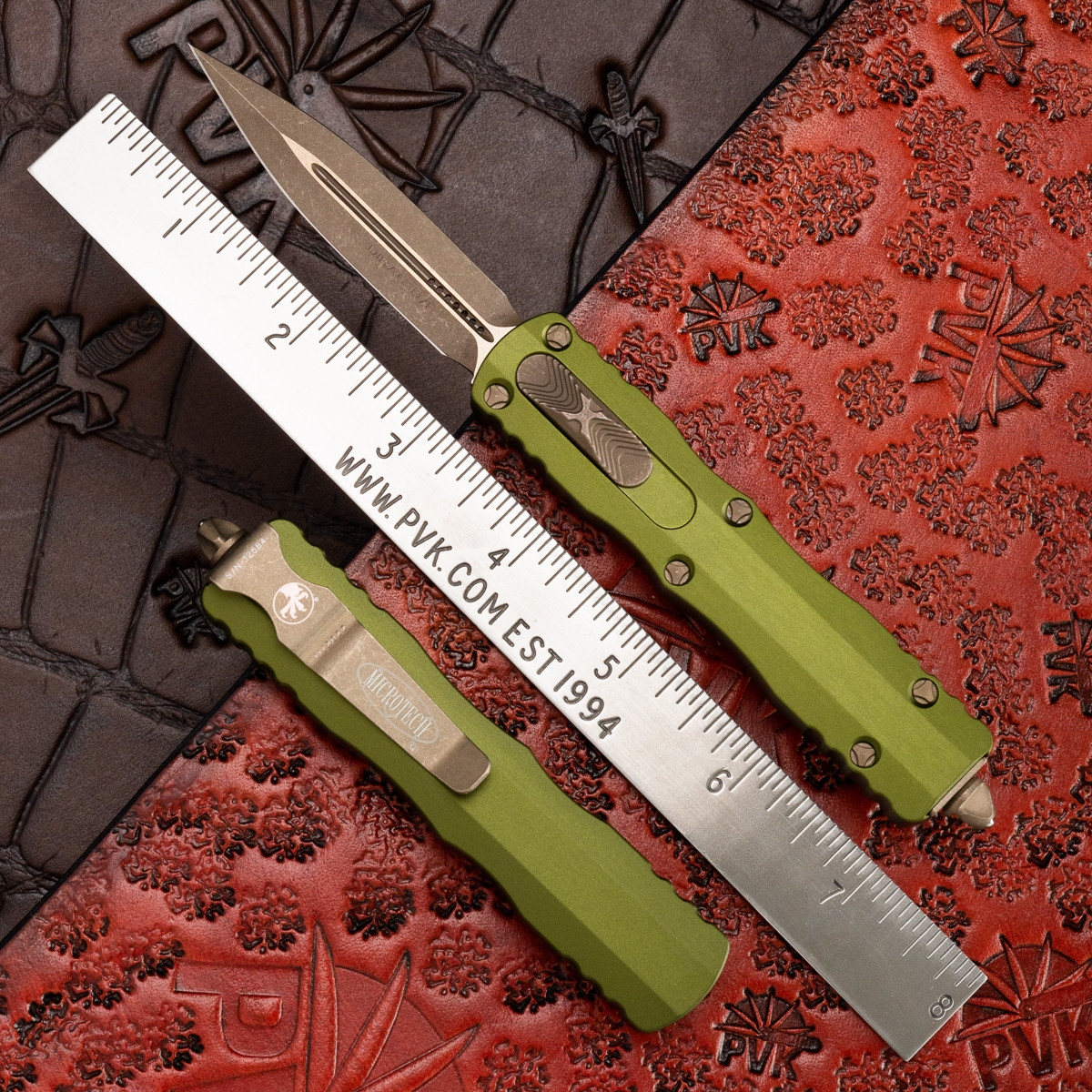 Microtech Dirac 225-13APOD Apocalyptic Bronze Blade, OD Green