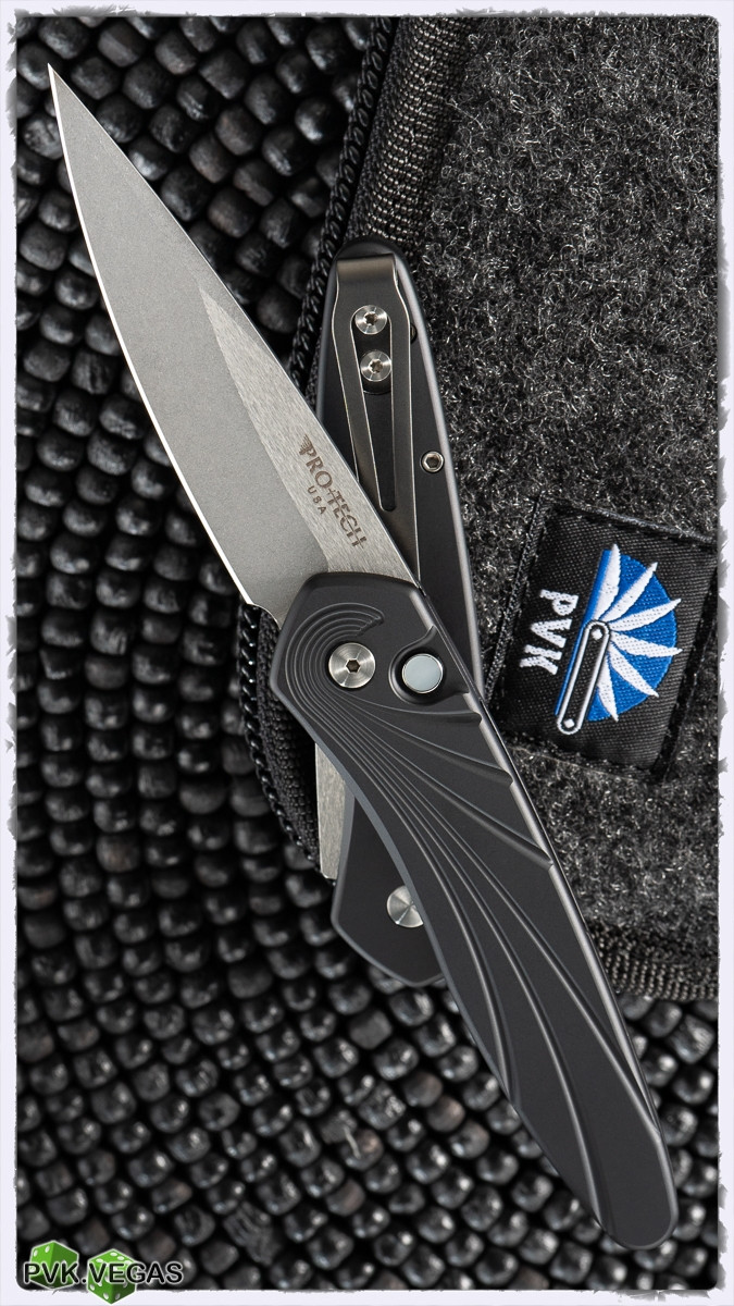 Protech Newport Auto 3436 Black Wave Handle MOP Button Inlay