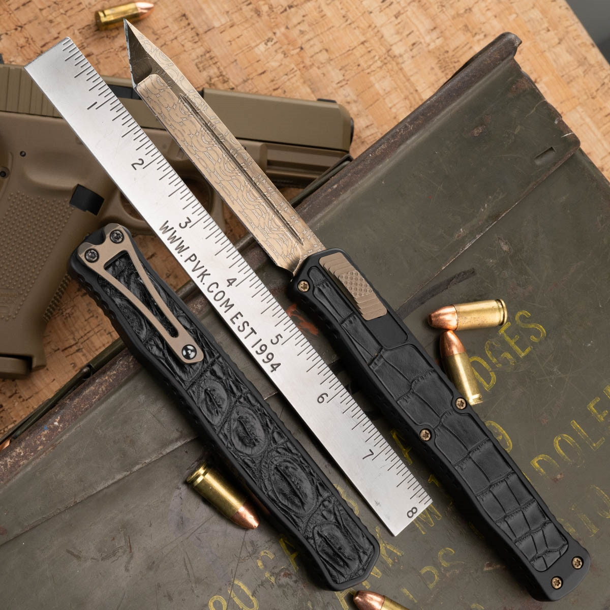 Heretic Knives Cleric II HG Vegas Forge 3V Tanto Bronze Damascus