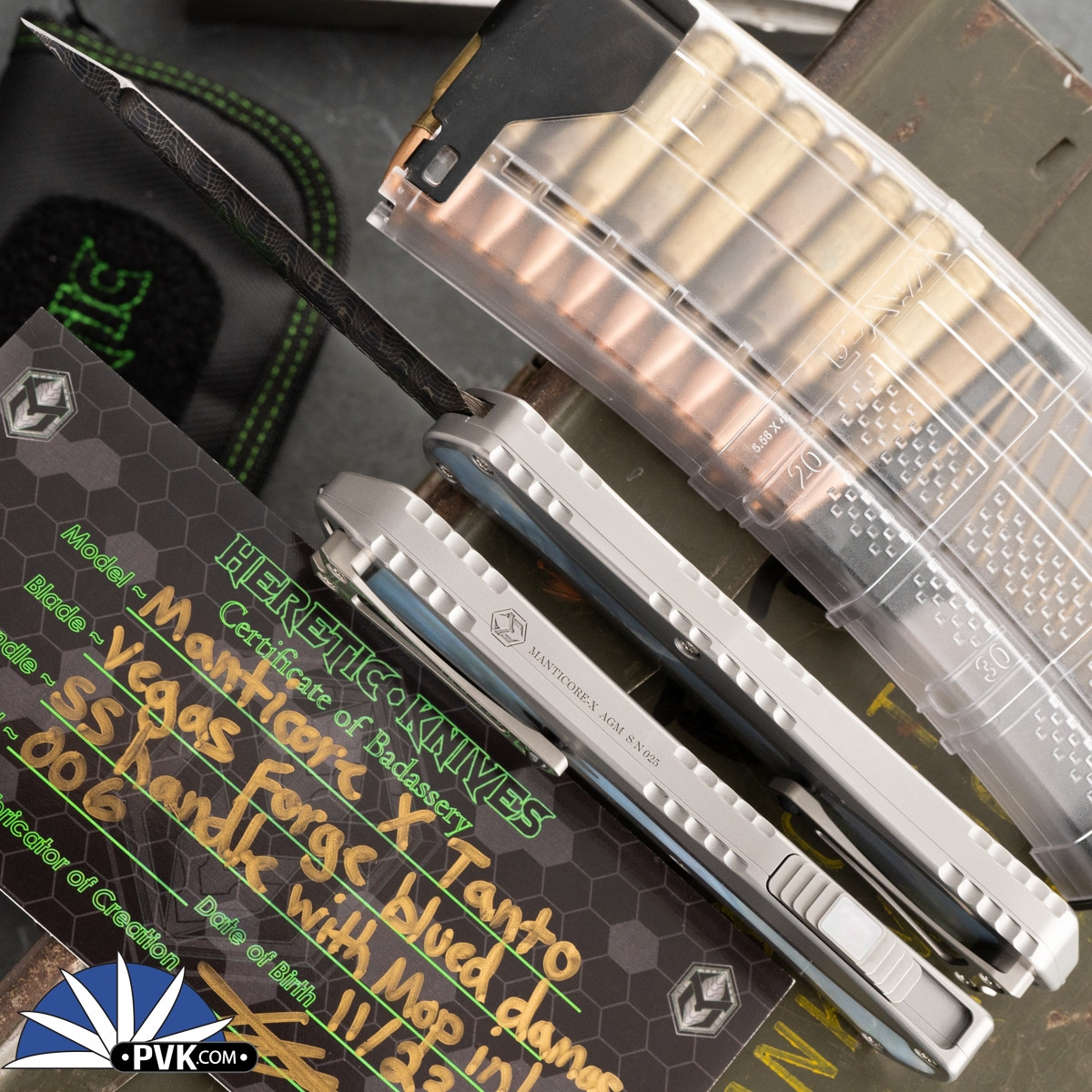 Heretic Knives Custom Manticore-X Tanto Blue Damascus Blade SS