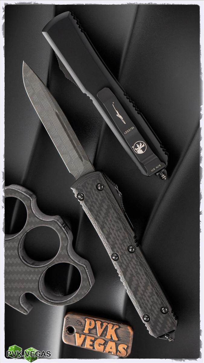 Microtech Ultratech 121-16CFS Single Edge Damascus Blade, Carbon