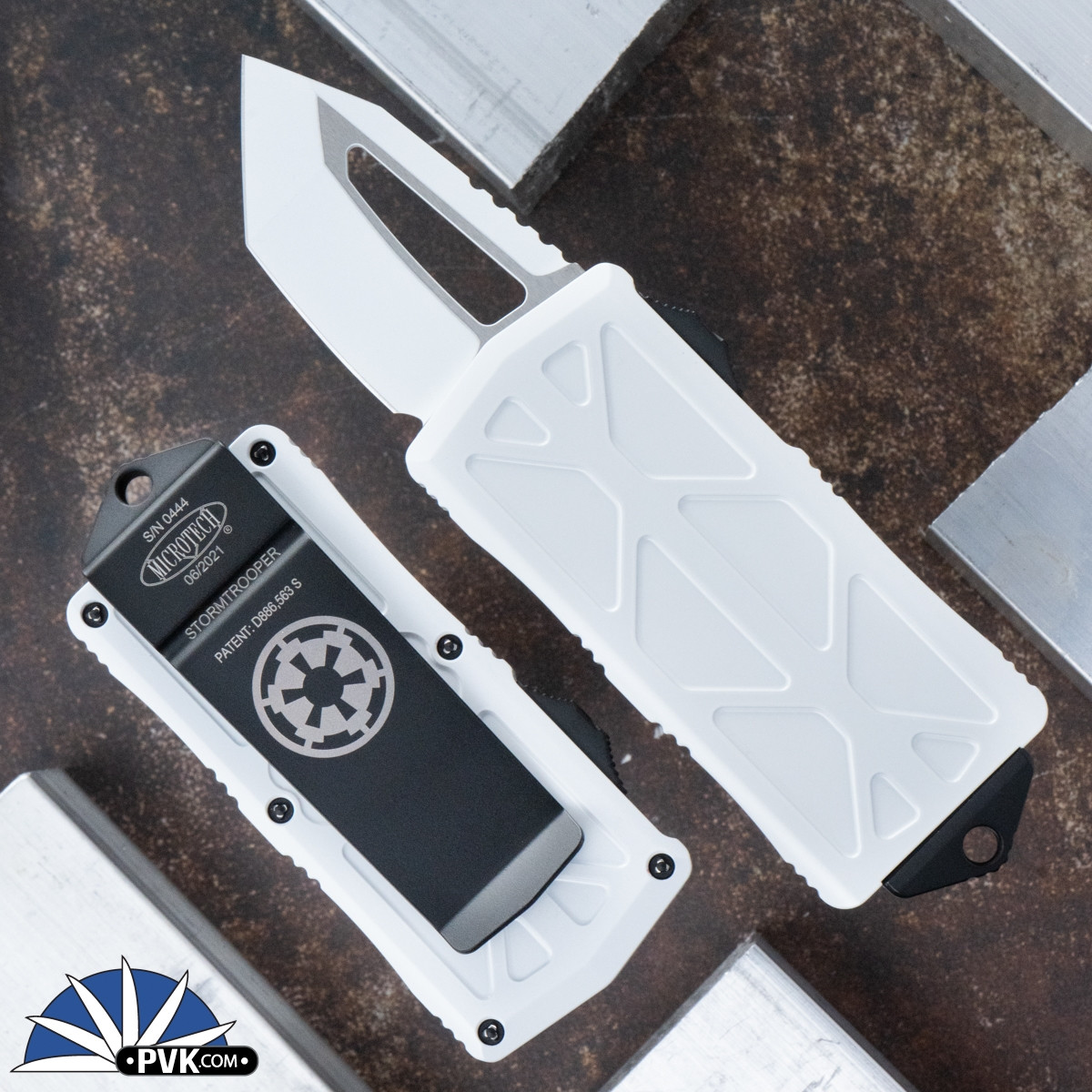 Microtech Exocet 158-1ST Tanto White Blade, Storm Trooper Handle - PVK