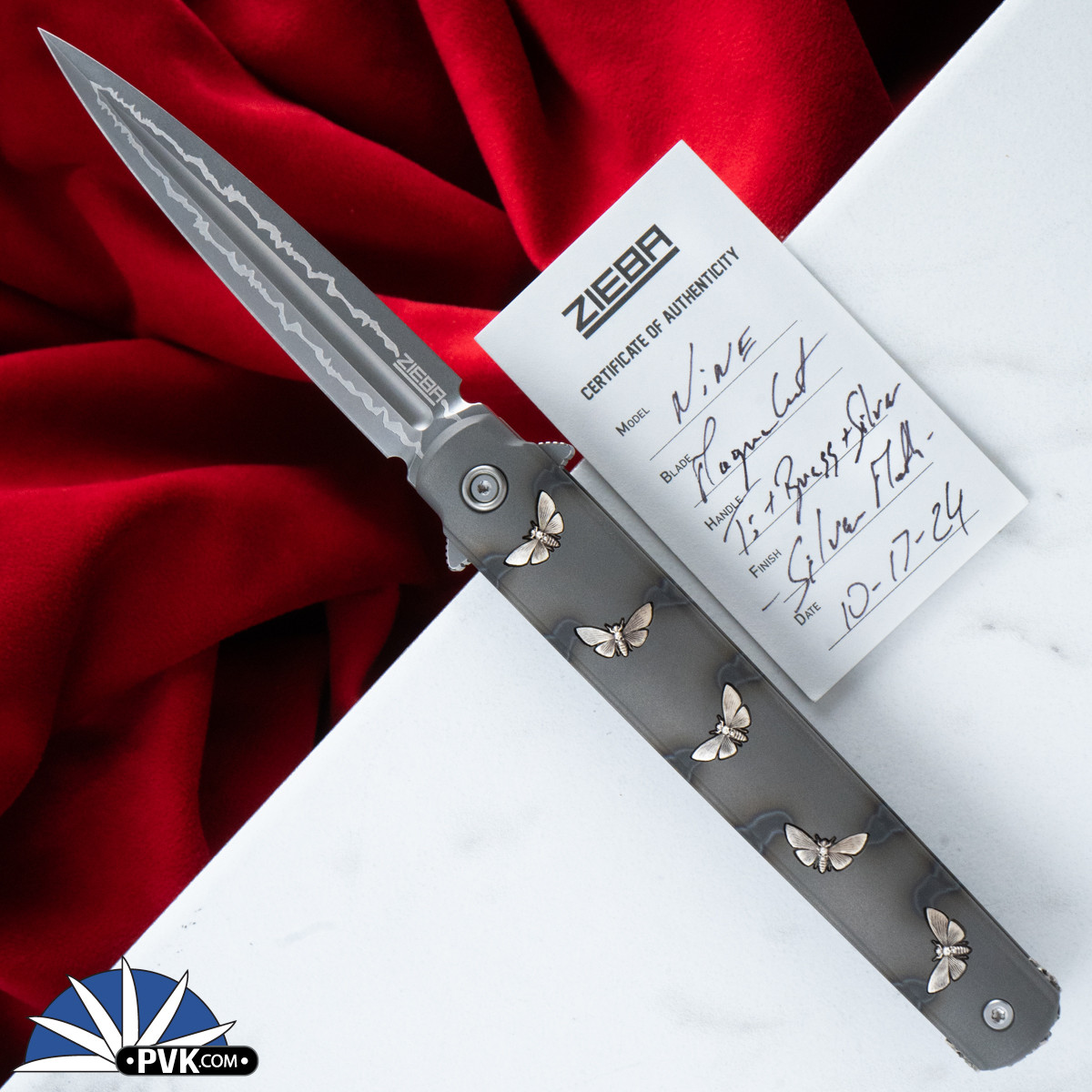 Zieba Nine Dagger Silver Moths, Magnacut Flipper Blade, Flamed