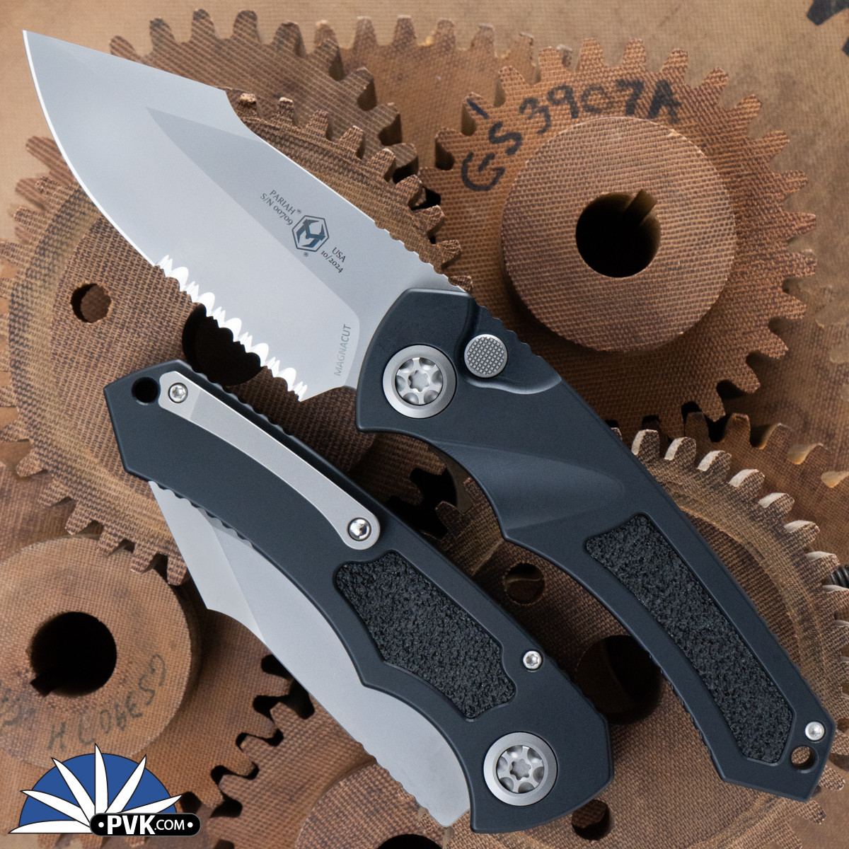 Blade Back Handle Heretic Knives Pariah Auto, Magnacut Bead Blast Partial Serrated Blade ...