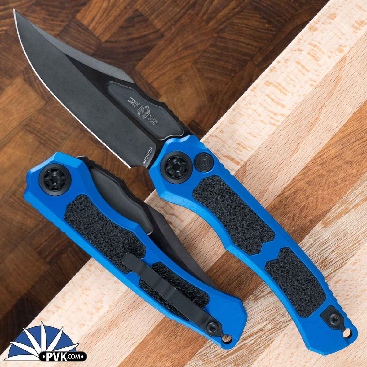 Heretic Knives Wraith V4 Auto Bowie Black Blade, Blue Handle W
