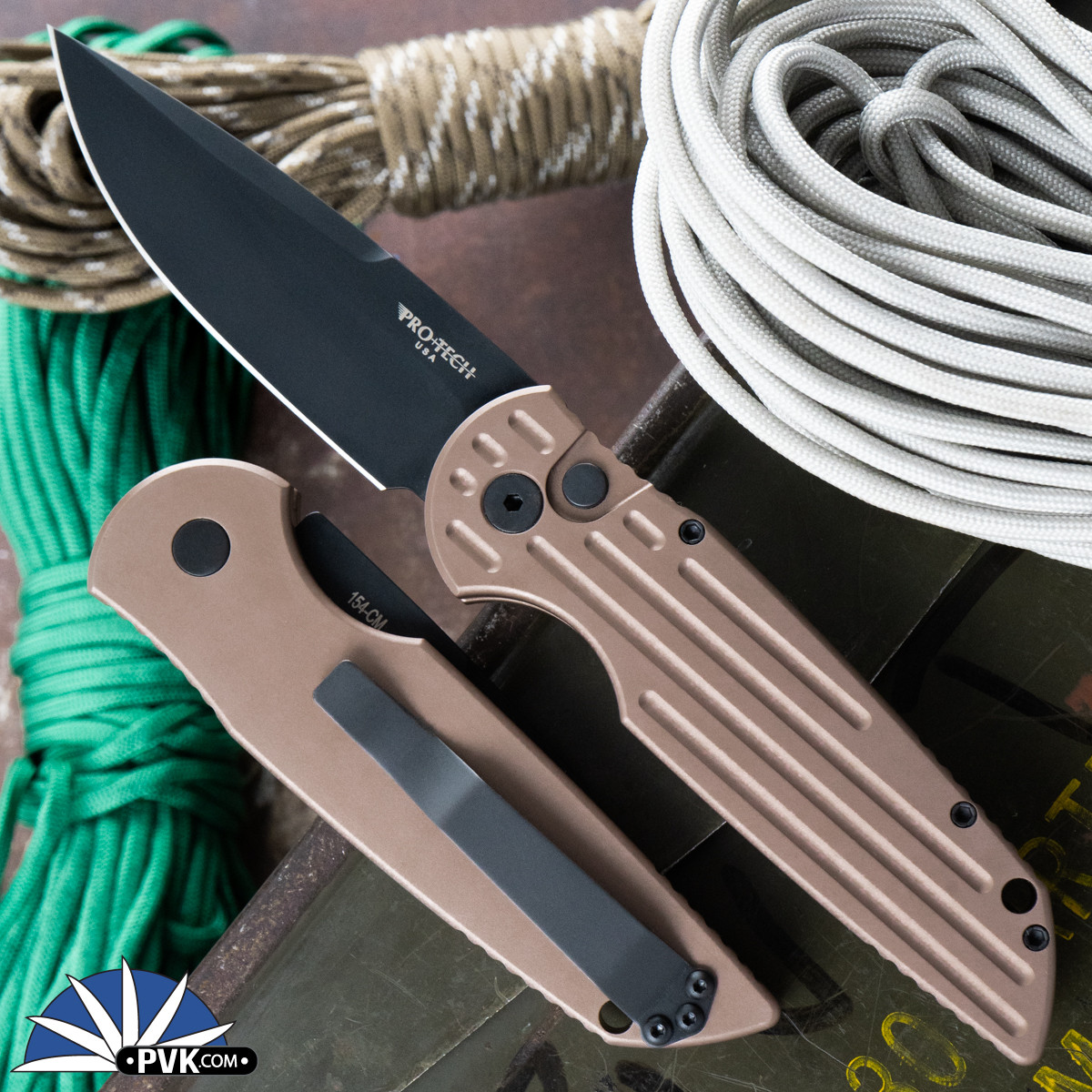Protech TR-3 BT-FDE 154-CM Black Blade, FDE Brown Slotted Handle 