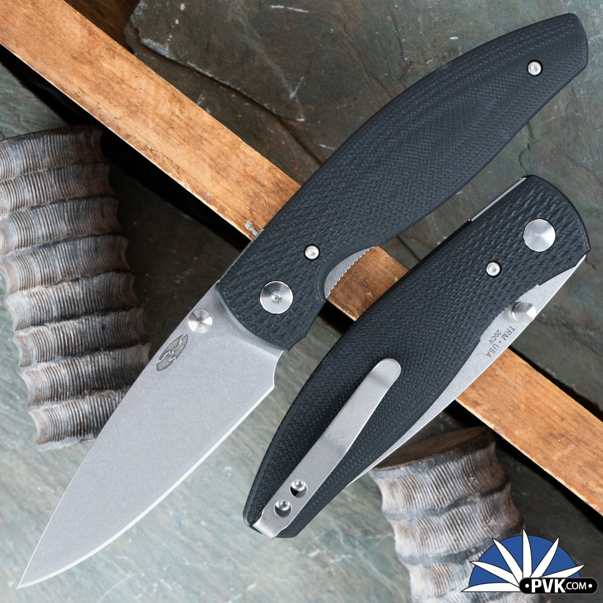 TRM Atom, Stonewash 20CV, Jet Black G10 3D Lizard Skin Scales - PVK