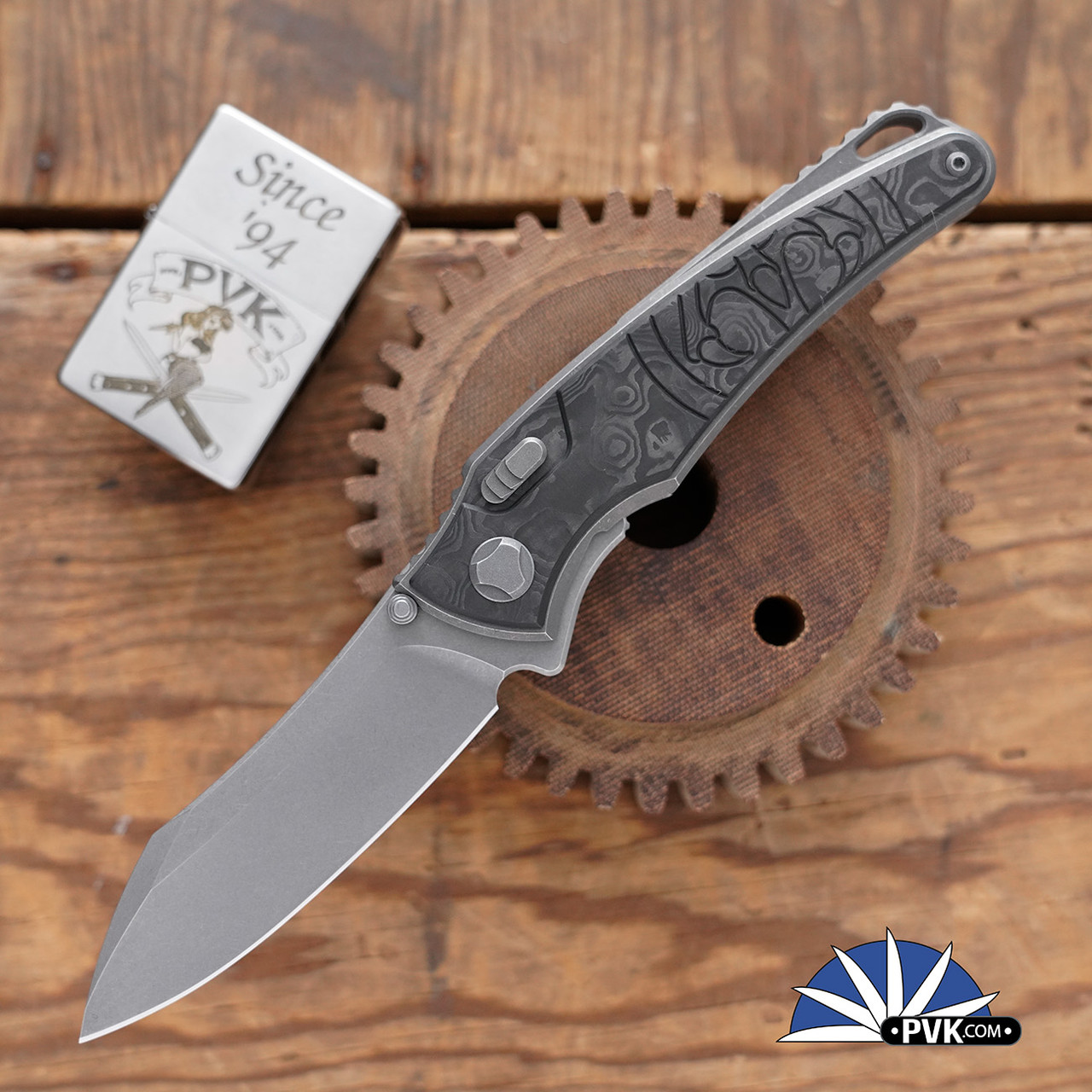Hawk Knives Talon Stonewashed M390 Blade, Black Dunes Carbon Fiber