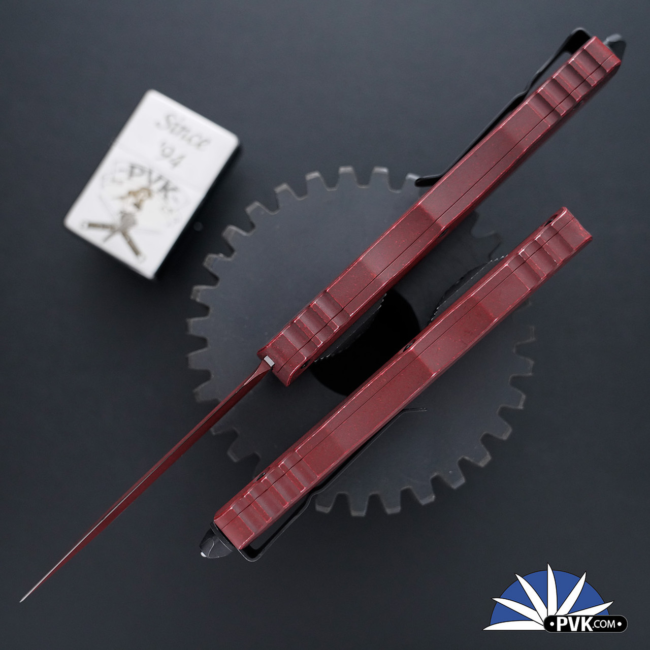 Microtech Dirac Delta 227-1WCM Red Coated Blade, Weathered Red
