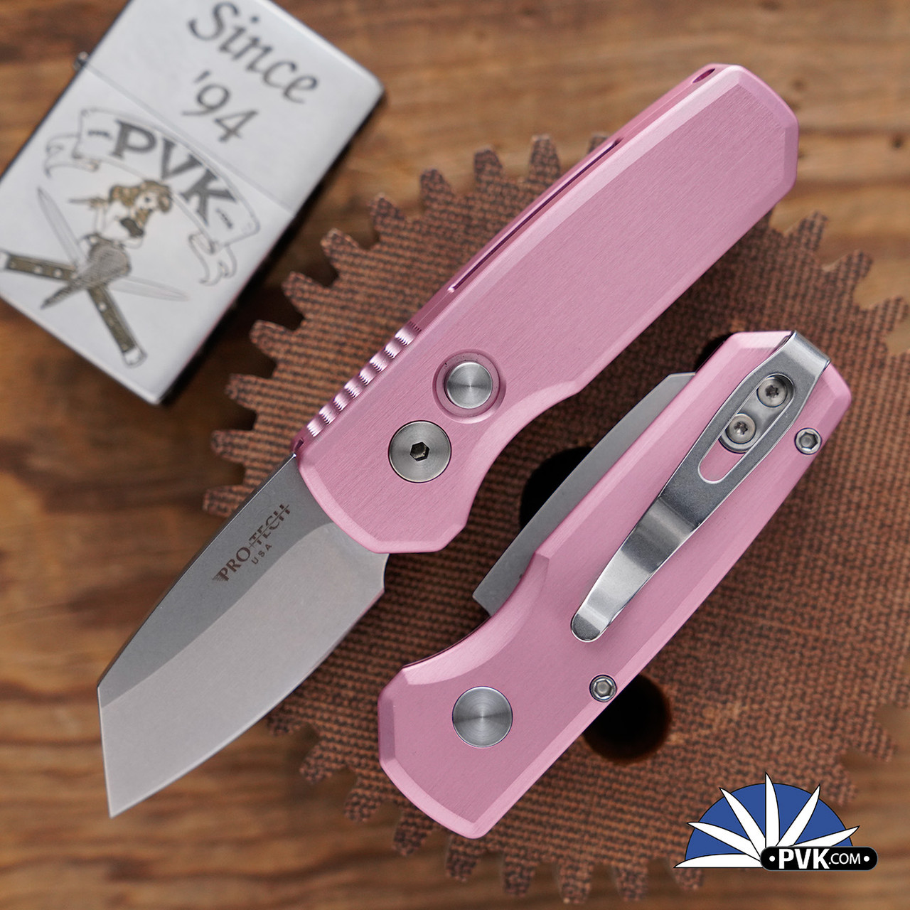 Protech Runt 5 R5201-Pink Stonewashed Reverse Tanto, Pink Handle W