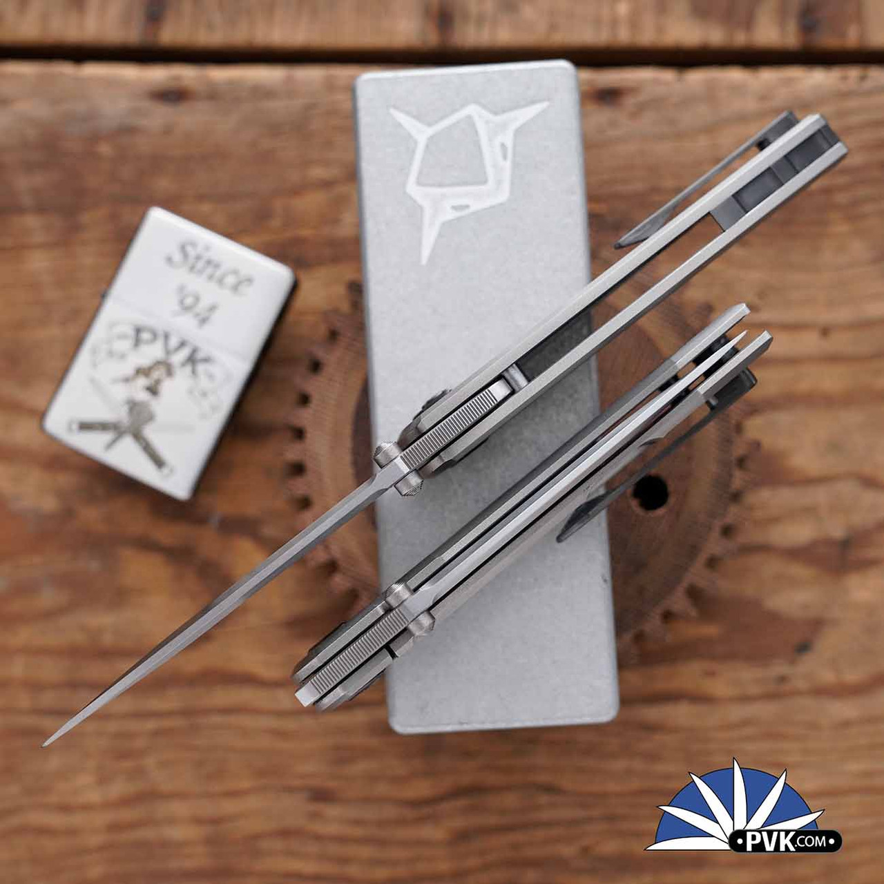 Sharknivco Waka, Satin RWL34, Custom Prism Milled Titanium Handles