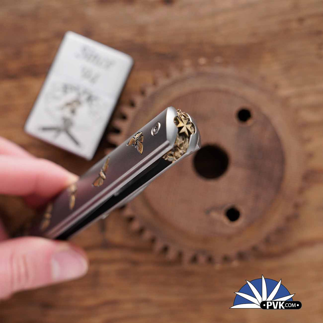 Zieba Nine Dagger Gold Moths, Magnacut Flipper Blade, Titanium