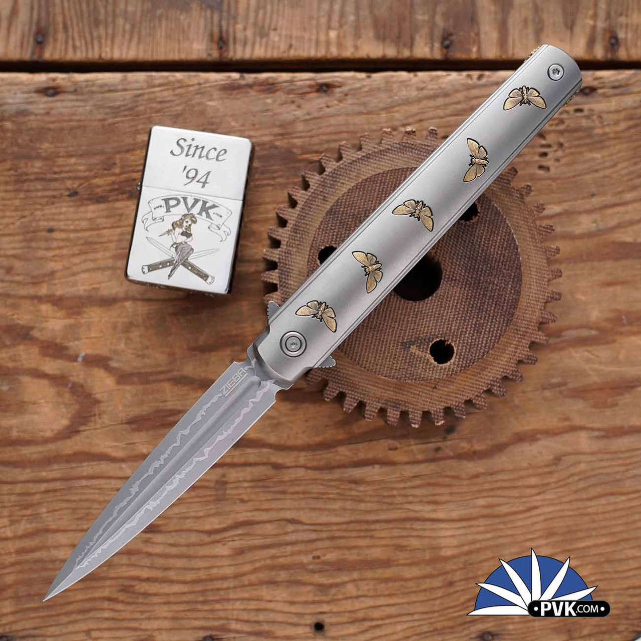 Zieba Nine Dagger Gold Moths, Magnacut Flipper Blade, Titanium