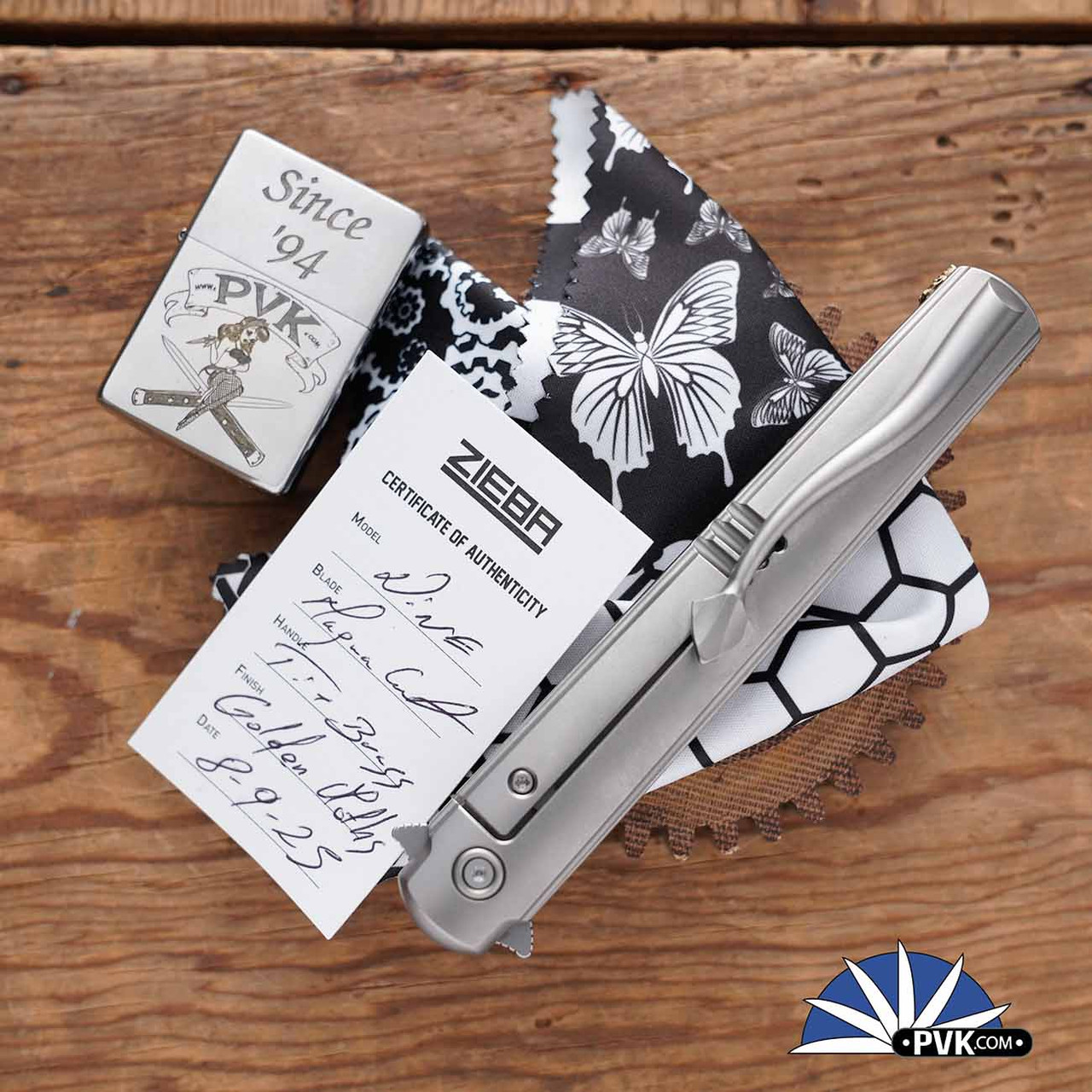 Zieba Nine Dagger Gold Moths, Magnacut Flipper Blade, Titanium