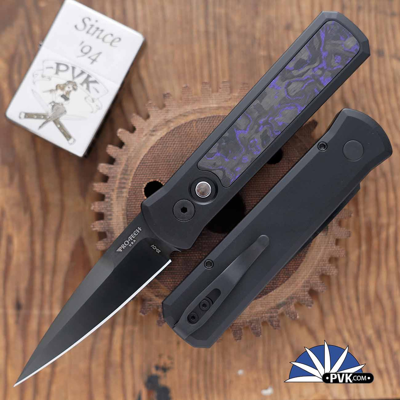 Protech Godson Auto 7214-VioletCF DLC Satin 20CV Blade, Black