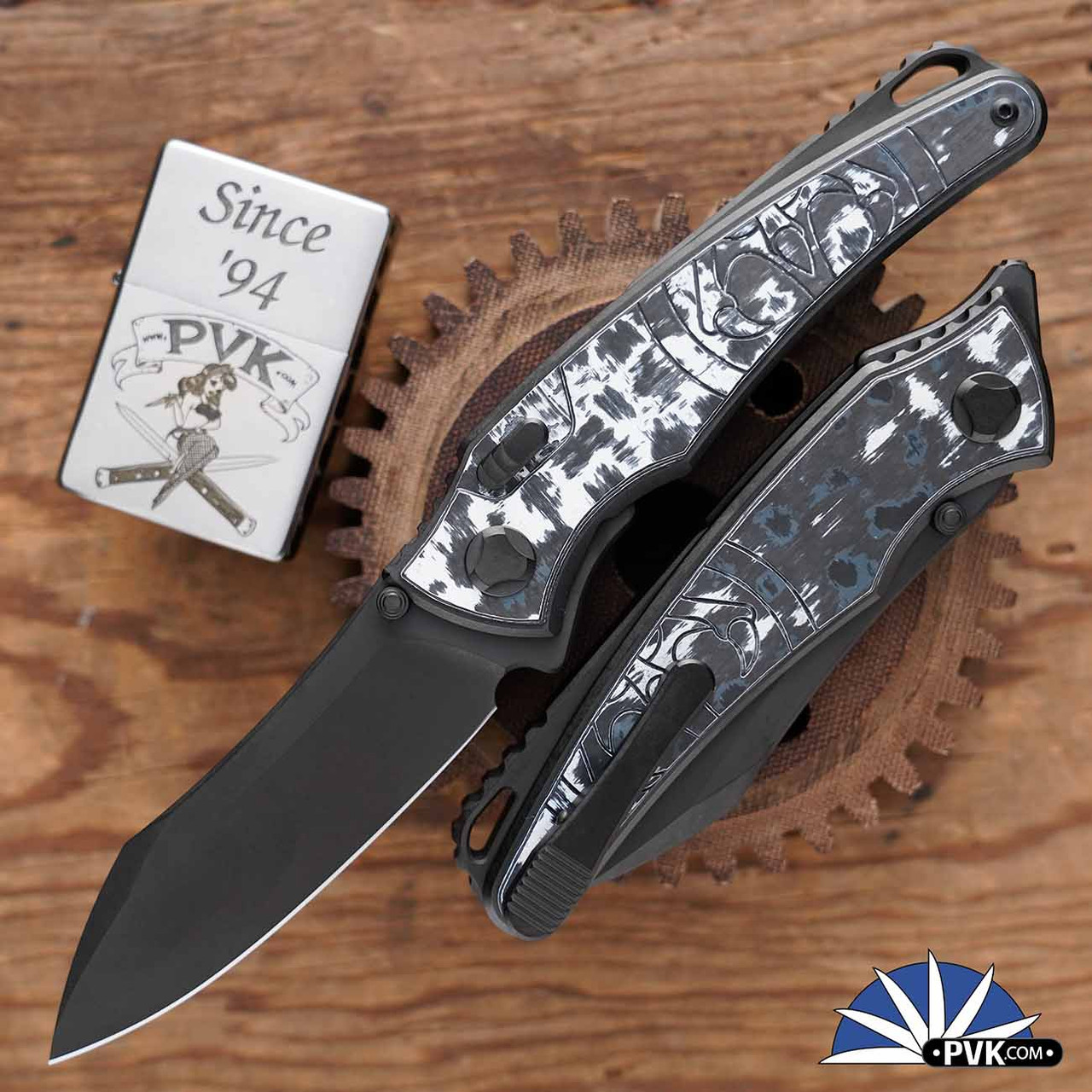 Hawk Knives Talon DLC M390 Blade, White Storm Carbon Fiber Handle