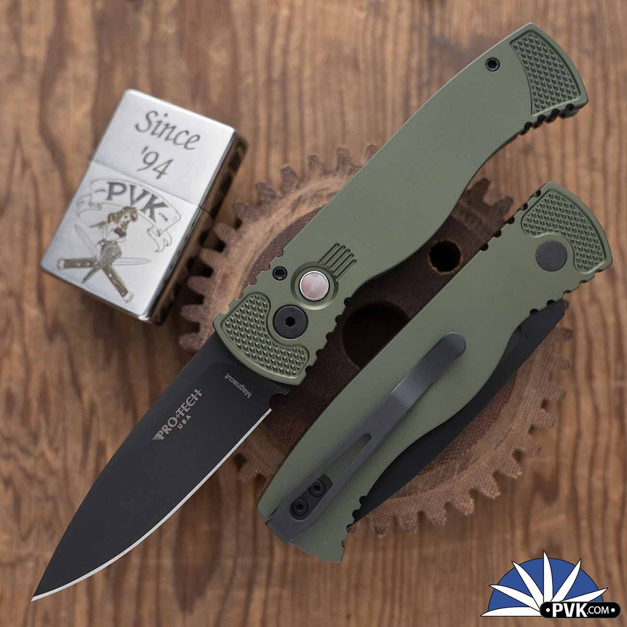 Protech TR-2 Green, Black Magnacut Blade, Green Aluminum Handle
