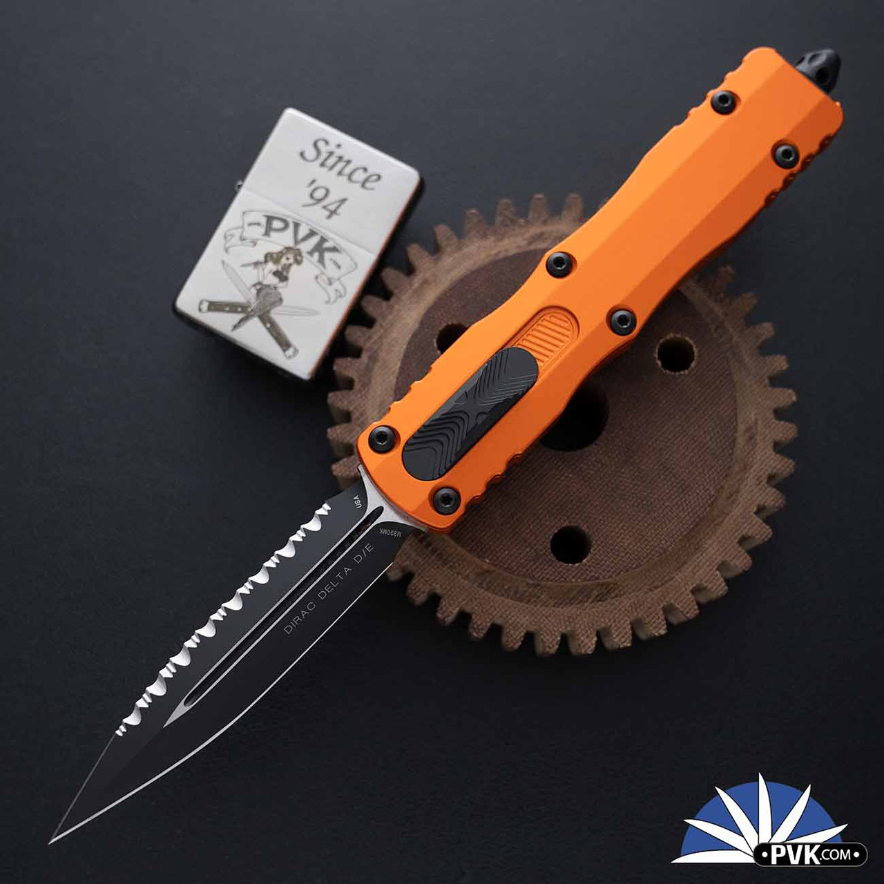 Microtech Dirac Delta 227-3OR, Full Serrated Black Blade, Orange