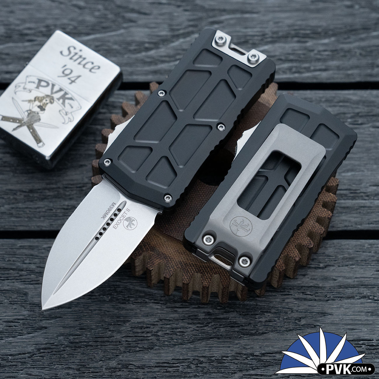 Microtech Exocet II, 1157-10, Double Edge Stonewashed Blade, Black