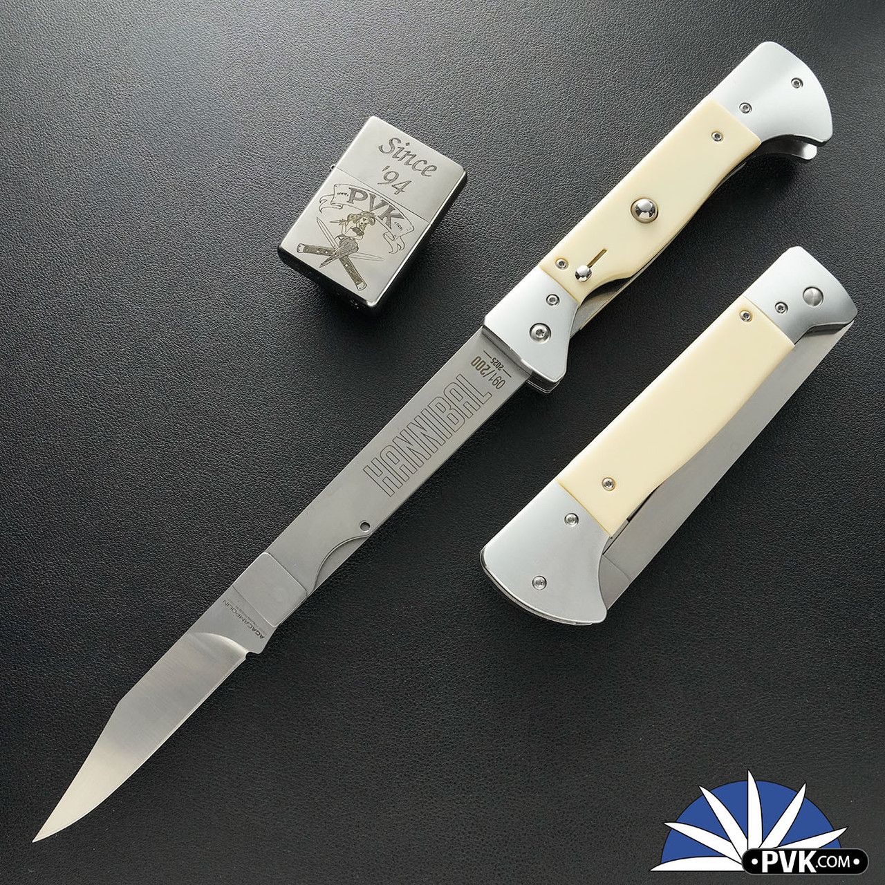 AGA Campolin Hannibal BBQ Auto, Satin Clip Point Blade, Faux Ivory