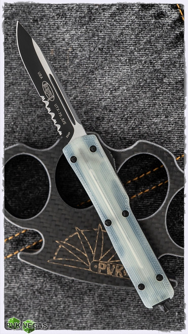 Microtech UTX-70 S/E 148-2GTJGS  Black Partial Serrated Blade Jade Green Top Black Handle