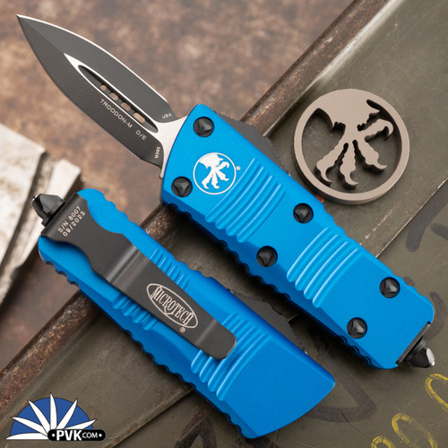 Microtech Mini Troodon 238-1BL Double Edge Black Blade, Blue Handle