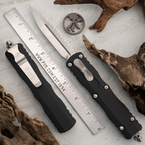Microtech Dirac Delta 227-12 Full Serrated Stonewash, Black Handle