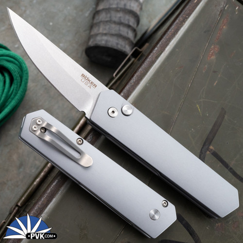 Boker Burnley Compact Auto Kwaiken Stonewash Blade, Gray Handle - Built By Protech