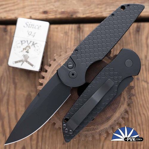 Protech TR-3 X1 OPERATOR, Black DLC Blade, Black Fish Scales Handle, Tritium Button. TR3X1OP