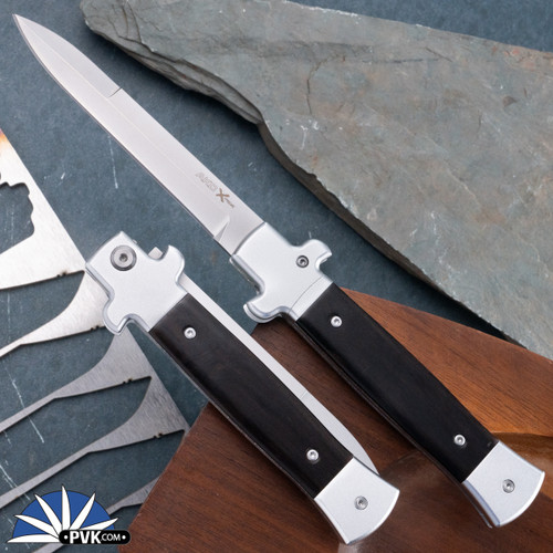 AKC X-treme 9" Shadow Switchblade (Bolster Release) Stonewash Bayonet, Ebony Wood Scales.