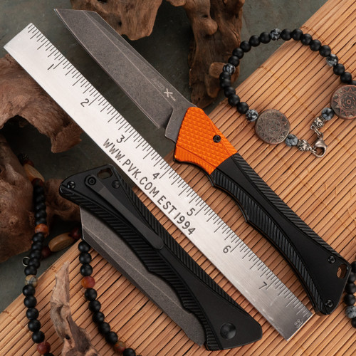 AKC X-treme SMARTY Concealed Bolster Release Automatic Knife - Black Handle , Orange Bolster, Blackwashed Blade