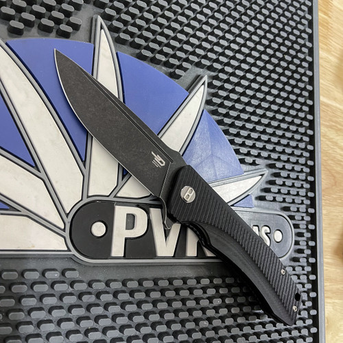 Bestech Knives BG27B Mako Flipper Knife K110 (D2) Black Stonewashed Drop Point Blade, Milled Black G10 Handles, Liner Lock