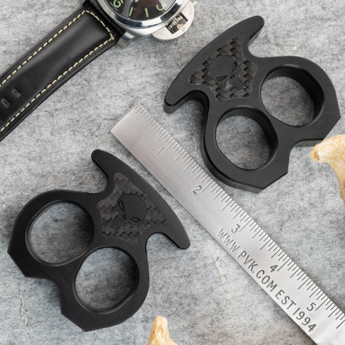 BURN Knives Two Finger Monster Knuckles Black Aluminum 3/4" Black Carbon Fiber Inlay Punisher Skull