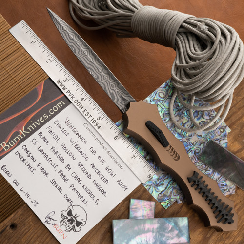 BURN Custom OTF Vengeance D/A OTF Hand Ground Double Edge Chad Nichols Damascus, 6061 Alloy Chassis Matte Bronze W/Carbon Fiber Spinal Cord Overlays