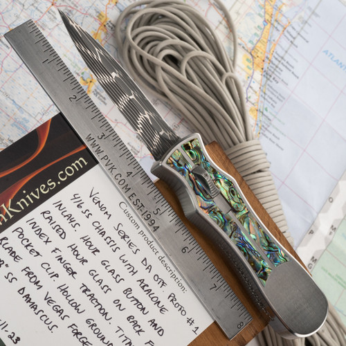 BURN Custom OTF Venom Prototype Web Damascus D/E, 416SS Chassis Abalone Inlays Ti Pocket Clip