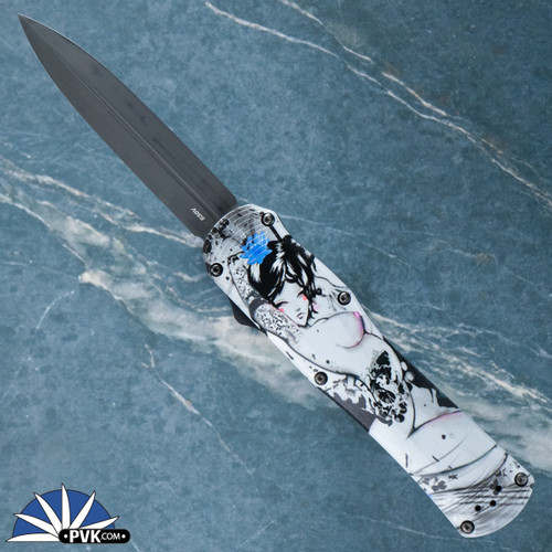 Collection Piece - PVK Custom Left Handed Benchmade Autocrat, Black Double Edge Blade,  Full Color Geisha, Black G10