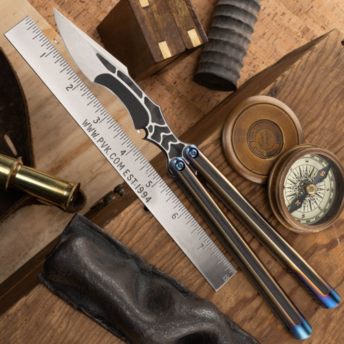 Ceroni Knives CF Inlay Two Tone BaliViper Blade Pinless Balisong Fade Ano, CF Inlay Titanium Channel Handles