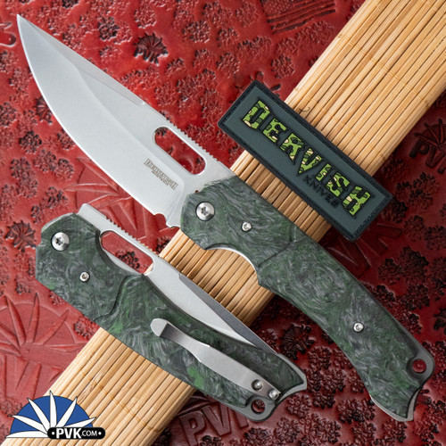 Dervish Knives Navajo Stonewash Magnacut Blade, Fat Crbon Dark Matter Green Handles