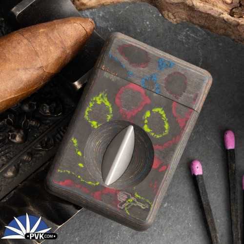 Griffworx/Carver Knife Co.  S35VN Blade Cigar V-Cutter Camo Carbon 80s V2 With 2 Blue Trit Tubes